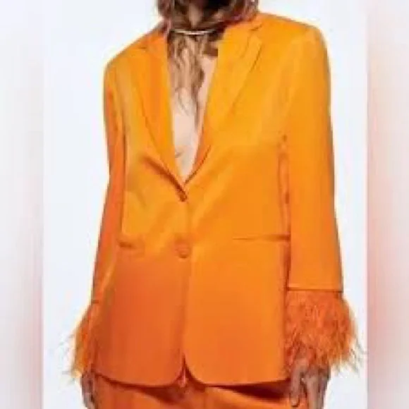 Zara Orange Satin Blazer with Feathers - Picture 2 of 8